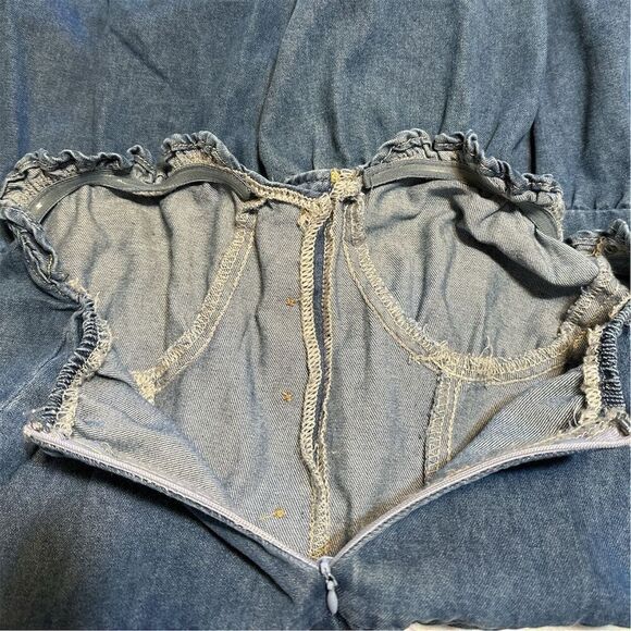 SHEIN Women's Strapless Blue Jean Denim Western Tiered Ruffle Short Dress - Picture 5 of 8